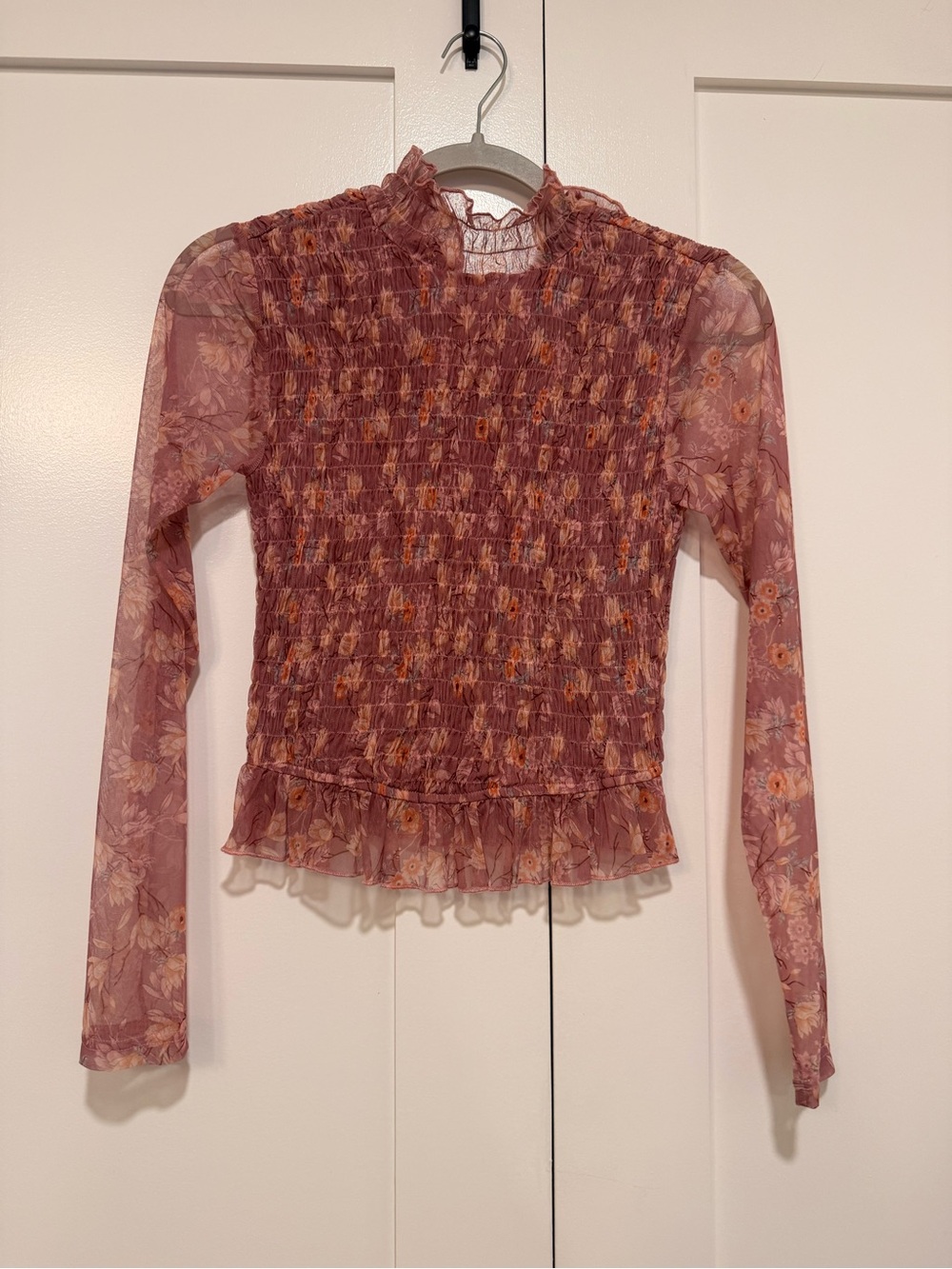 Lulu's Dusty Rose Smocked Floral Mesh Long-Sleeve Top
